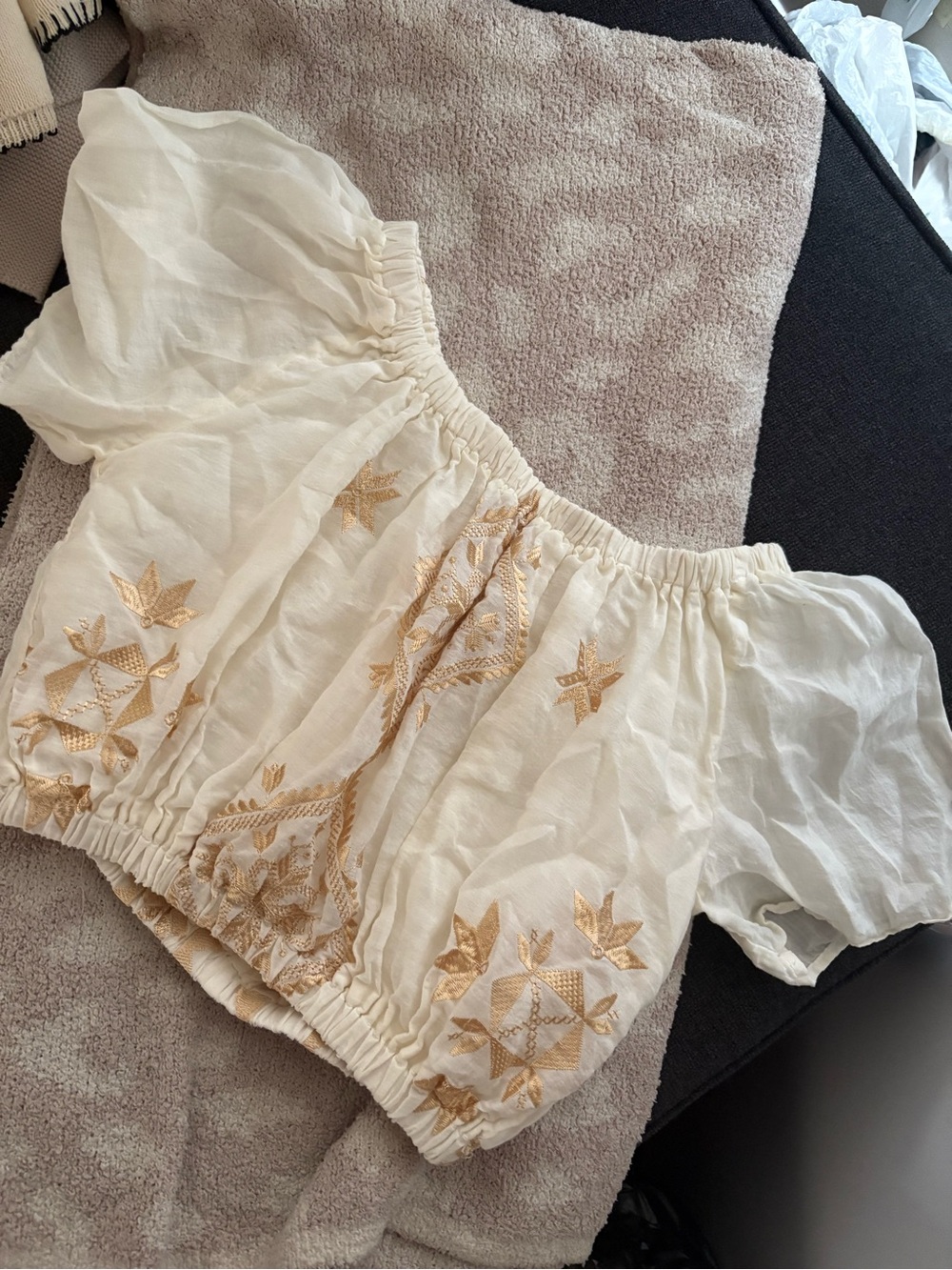 Cream Embroidered Off-Shoulder Crop Top with Gold Detail